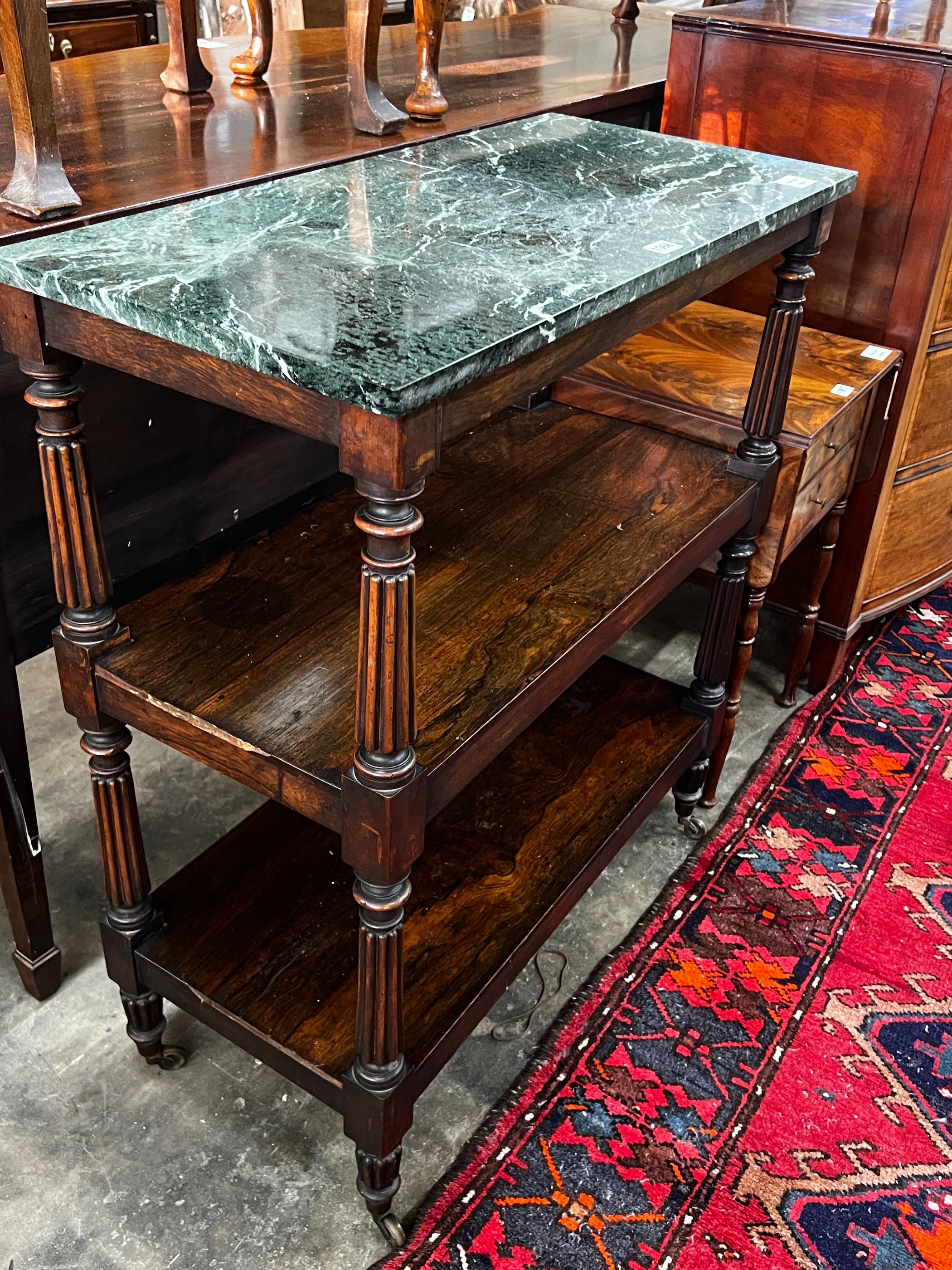 A Victorian rosewood buffet, with associated green marble top, width 79cm, depth 38cm, height 93cm